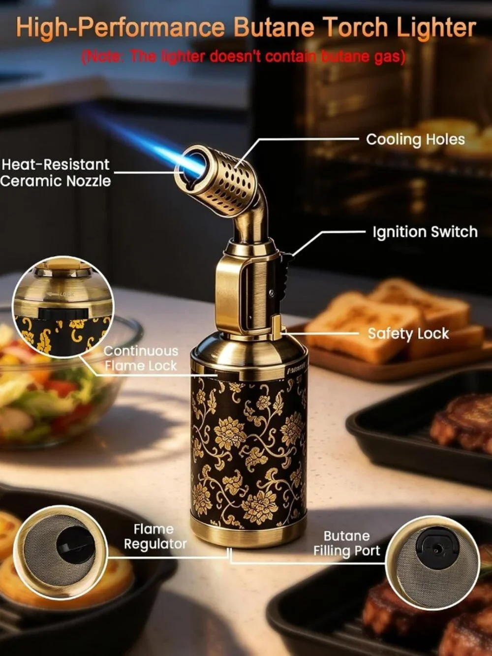 Refillable Butane Kitchen Torch - Adjustable Flame Cooking & Creme Brulee
